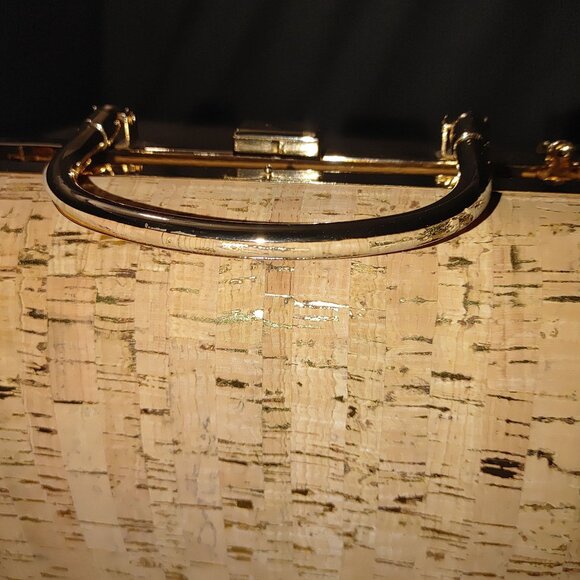 Crossbody Cork Gold Tone Hard Shell Handbag Purse Bag Case Chain Metal Handle - Picture 7 of 12
